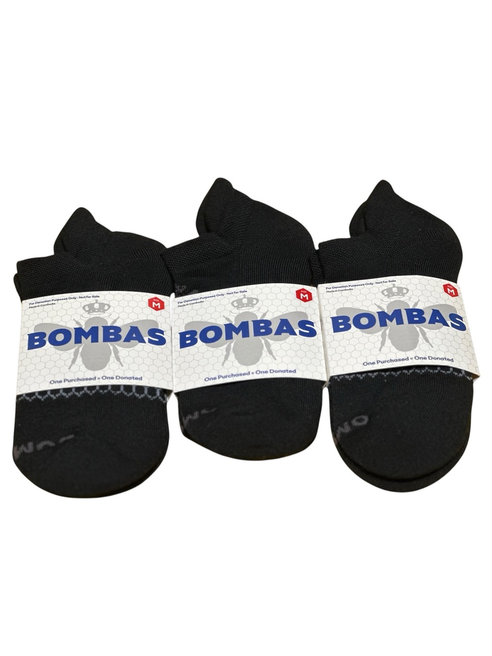 Bombas Black Honeycomb No Show Ankle New Socks Bundle of 3 Pairs Size Medium